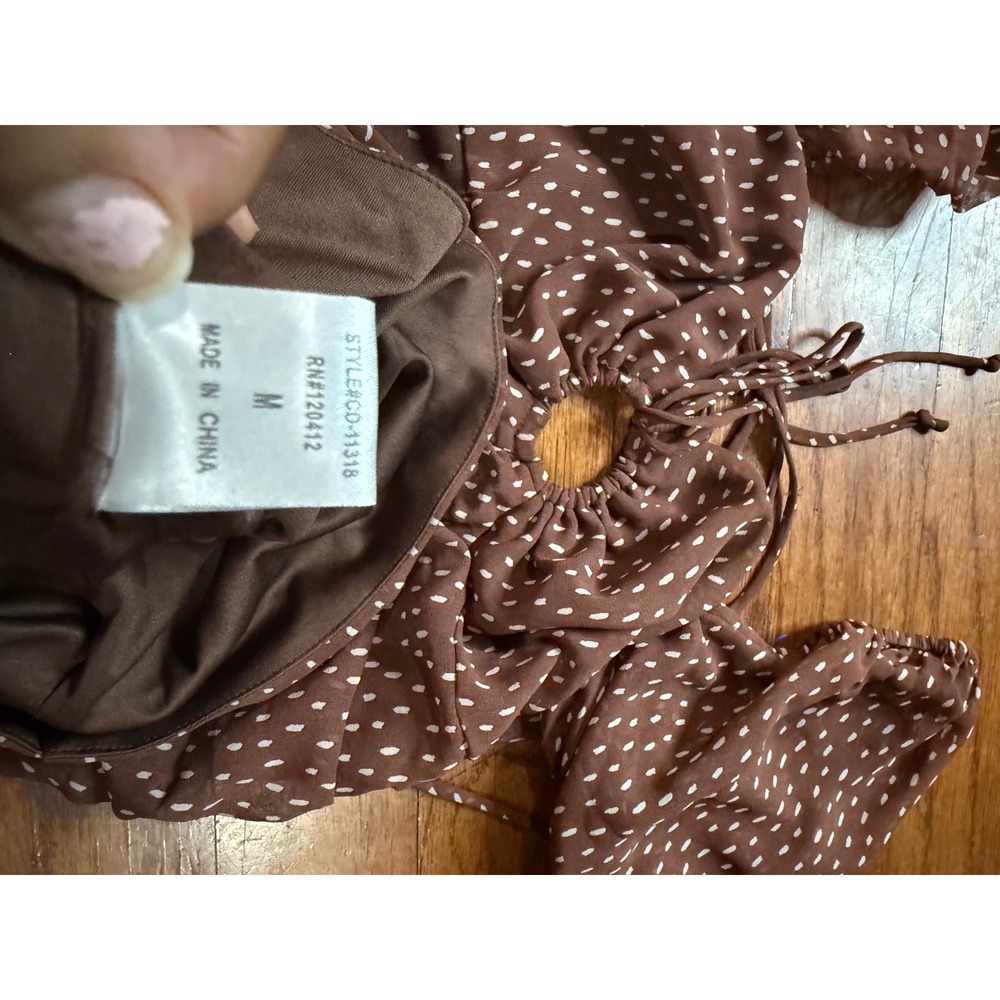 Stella Laguna Beach Brown Dotted Ruched Puff Sleeve Lace Up Mini Dress Medium - Picture 2 of 8